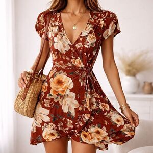 Good Luck Gem Floral Wrap Dress Rust Boho Cottagecore Stretch Medium